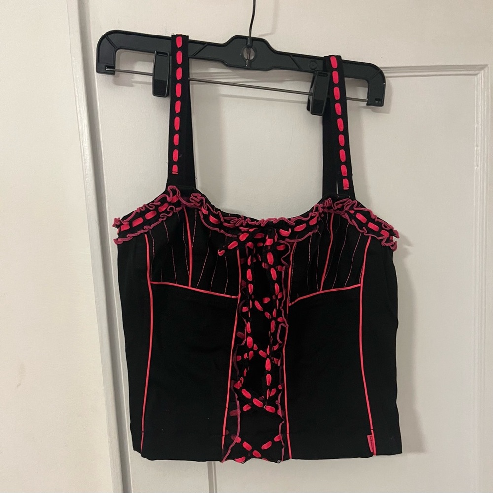 Vintage Tripp NYC Pink and Black Lace Up Vintage Corset Top - L